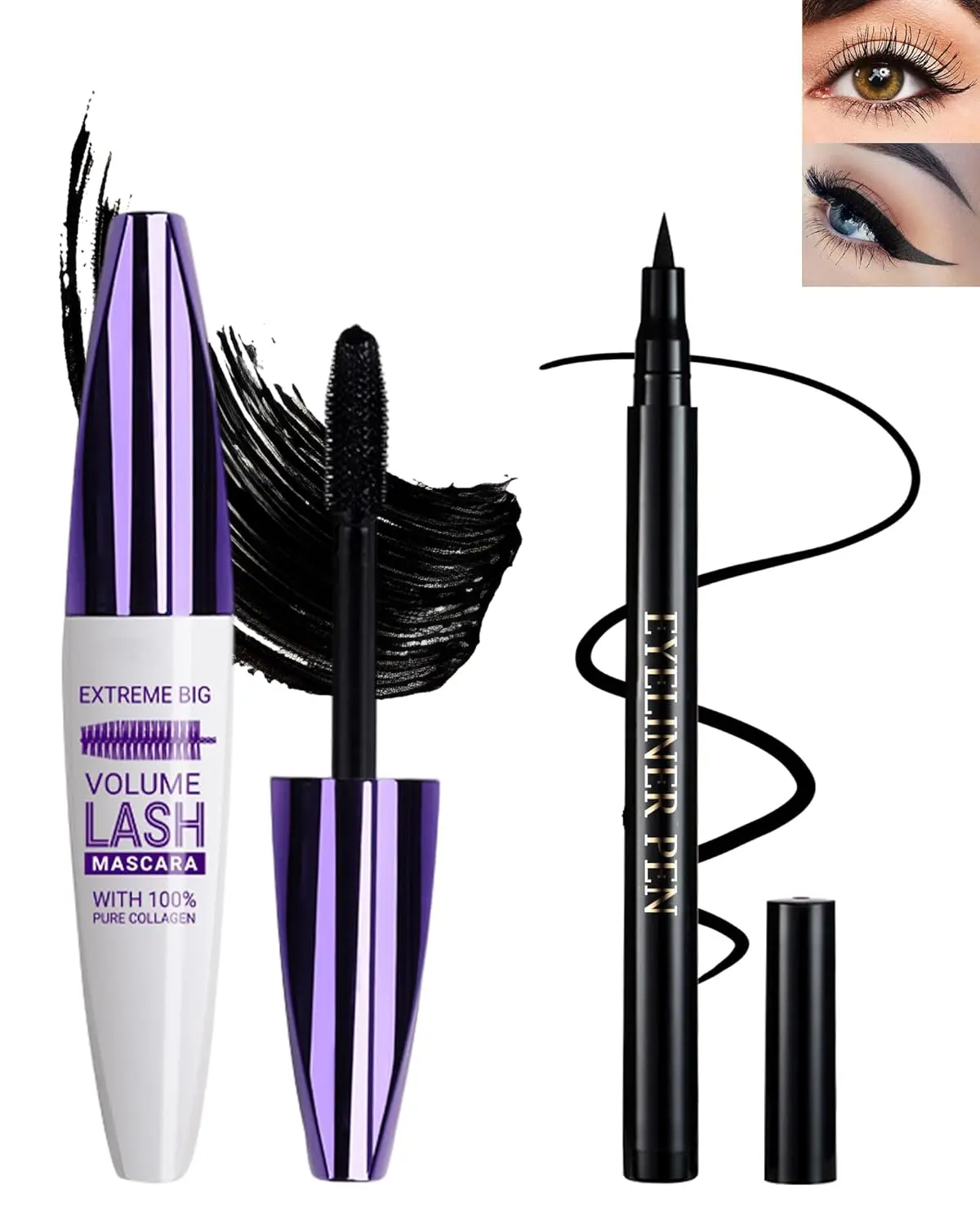 Black Waterproof Mascara & Eyeliner, 5D Silk Fiber Lash Extension Mascara Volume and Length,and Liquid Eyeliner Pen Set for Women