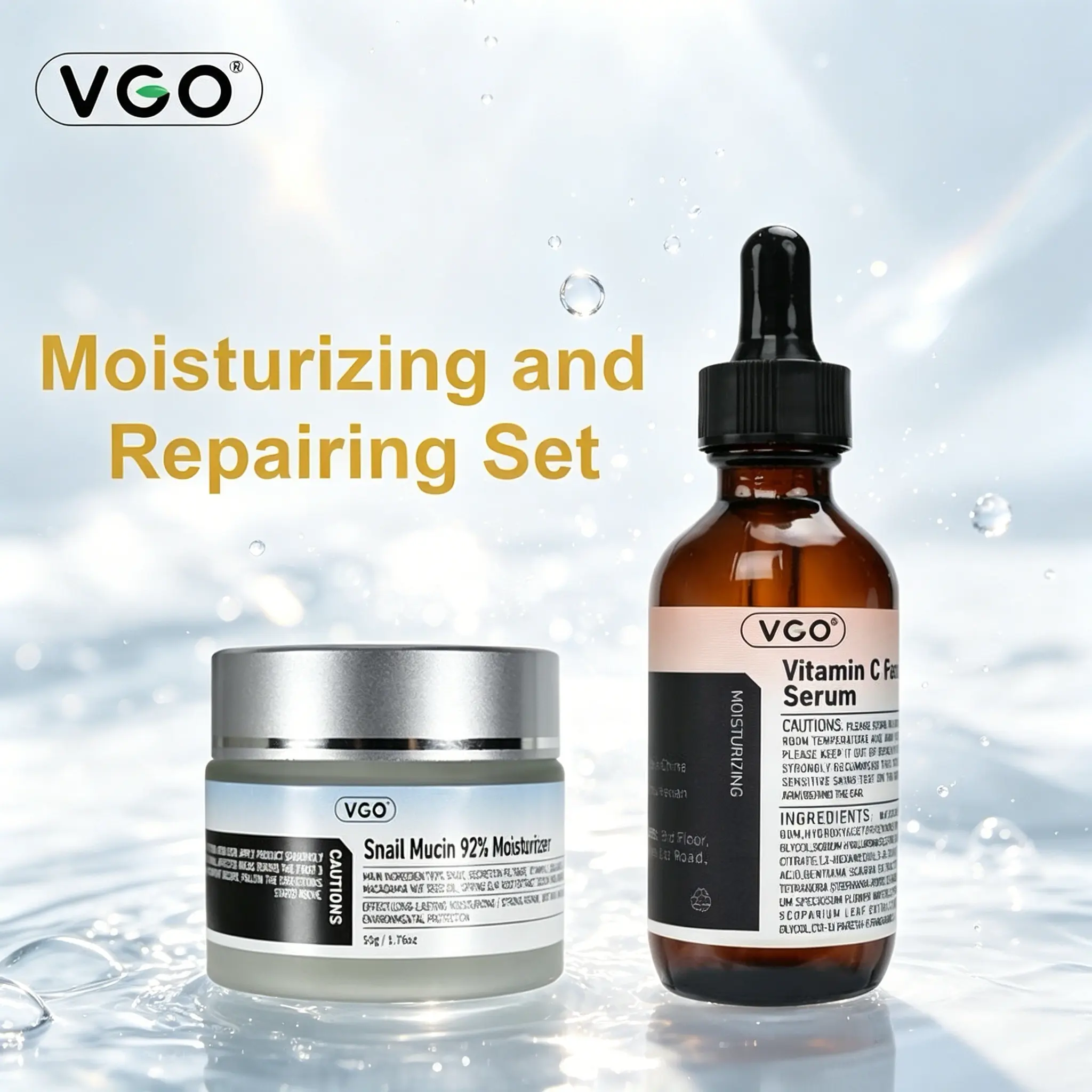 VGO Snail Mucin Moisturizer 50g Daily Face Gel Cream and 30ml Vitamin C Facial Serum Essence moisturizer Skincare Hyaluronic Skin Repair Comfort  Anti-Wrinkle Moisturizing Cream Sensitive Daily Moisturizer Soothing Nourishing