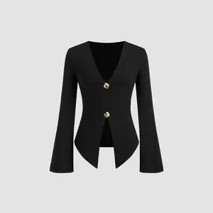 Cider [2 colors, size 0-26] Cotton-blend V-neck Split Long Sleeve Top