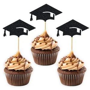 12/24pcs Glitter Graduation Cap Cupcake Toppers Grad Cap Cupcake Picks for Graduation Cake Decorations Congrats Grad Party Decors
