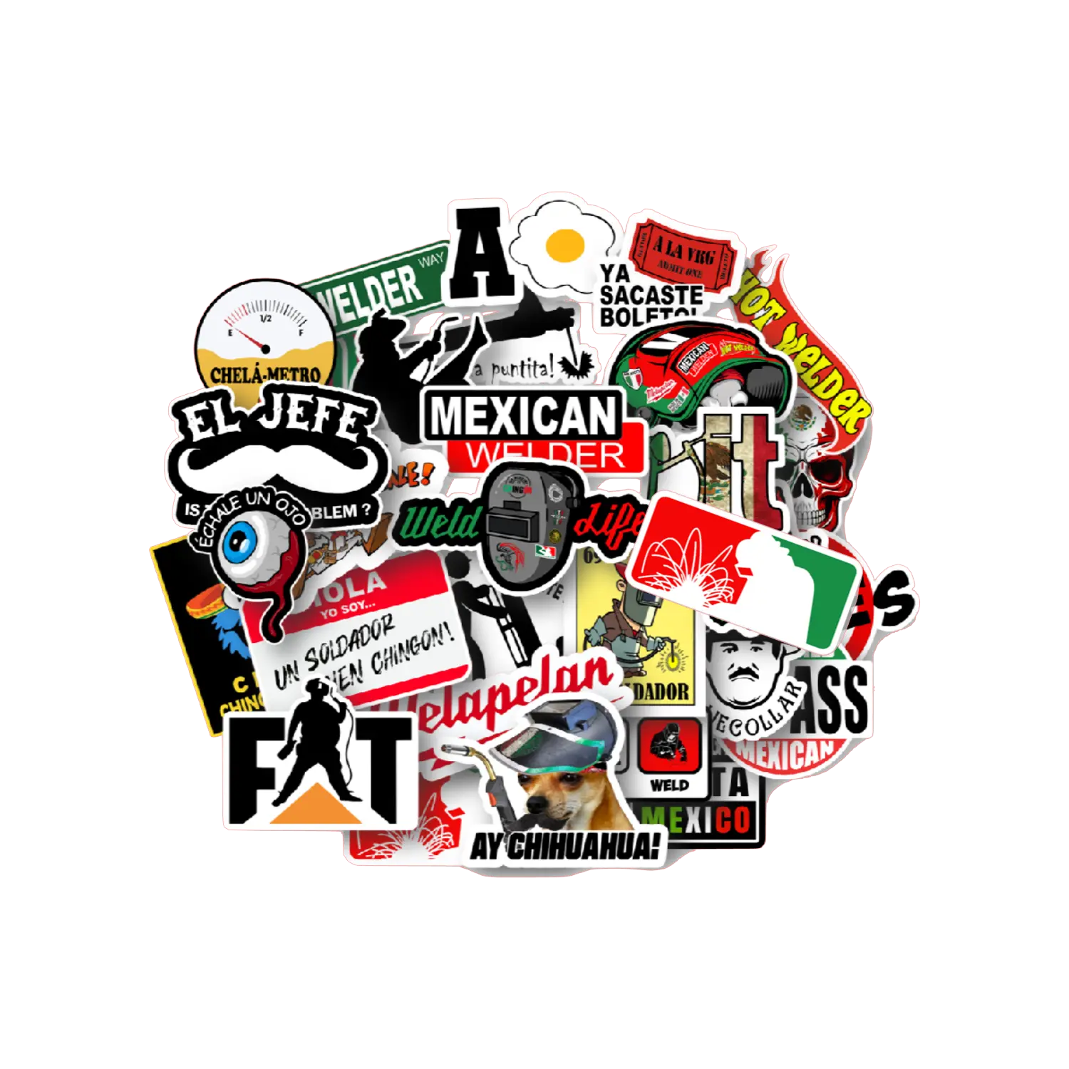 30 Funny Mexican Parody Welder Sticker Pack for Hard Hats, Toolboxes, Tumblers – Durable Vinyl Stickers for Blue Collar Humor.