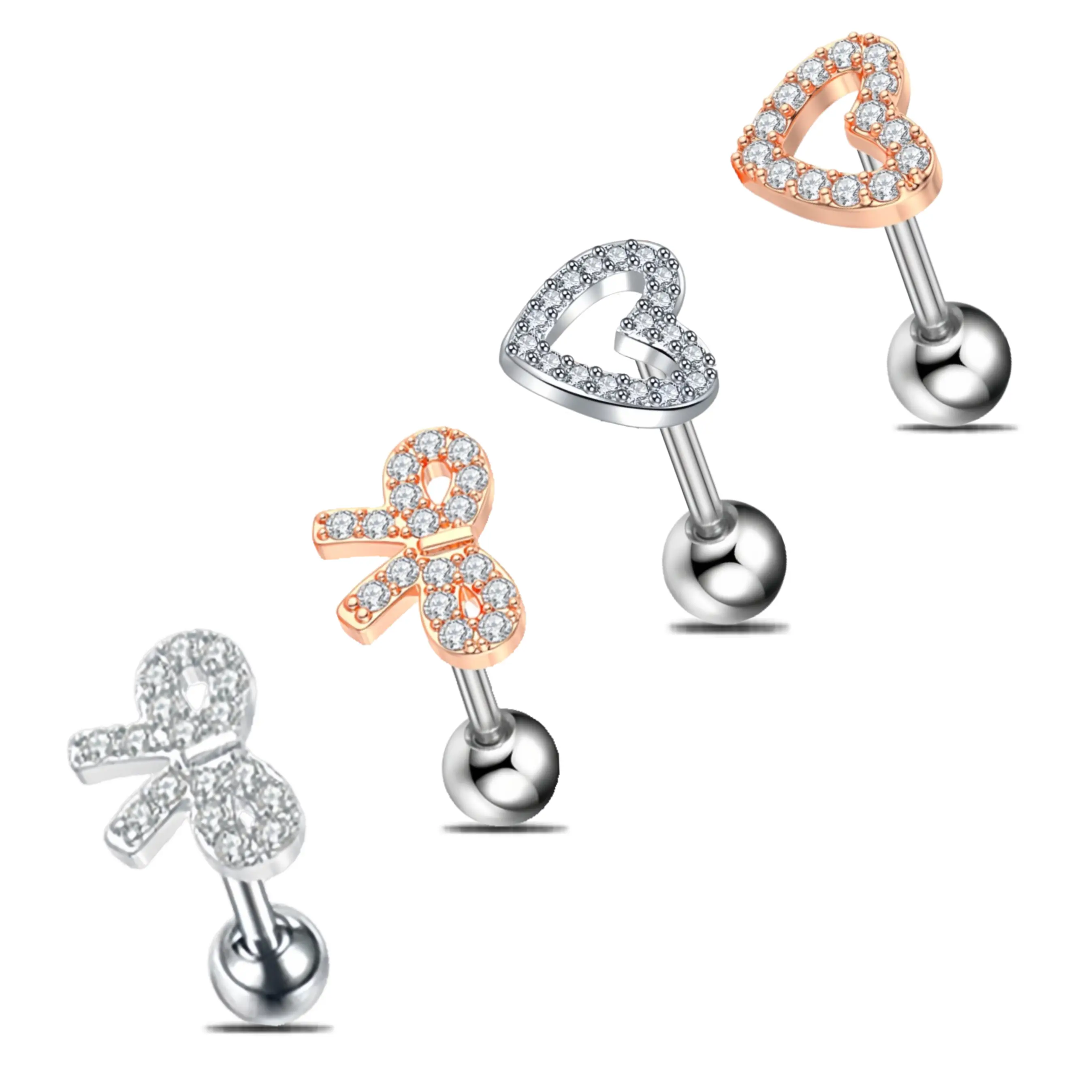 HERVAY 16G/6MM Lip/Ear/Nose Studs - Hypoallergenic Stainless Steel - Silver/Rose Gold Bow + Labret/Helix/Conch/Tragus/Daith - Unisex Piercing Accessories