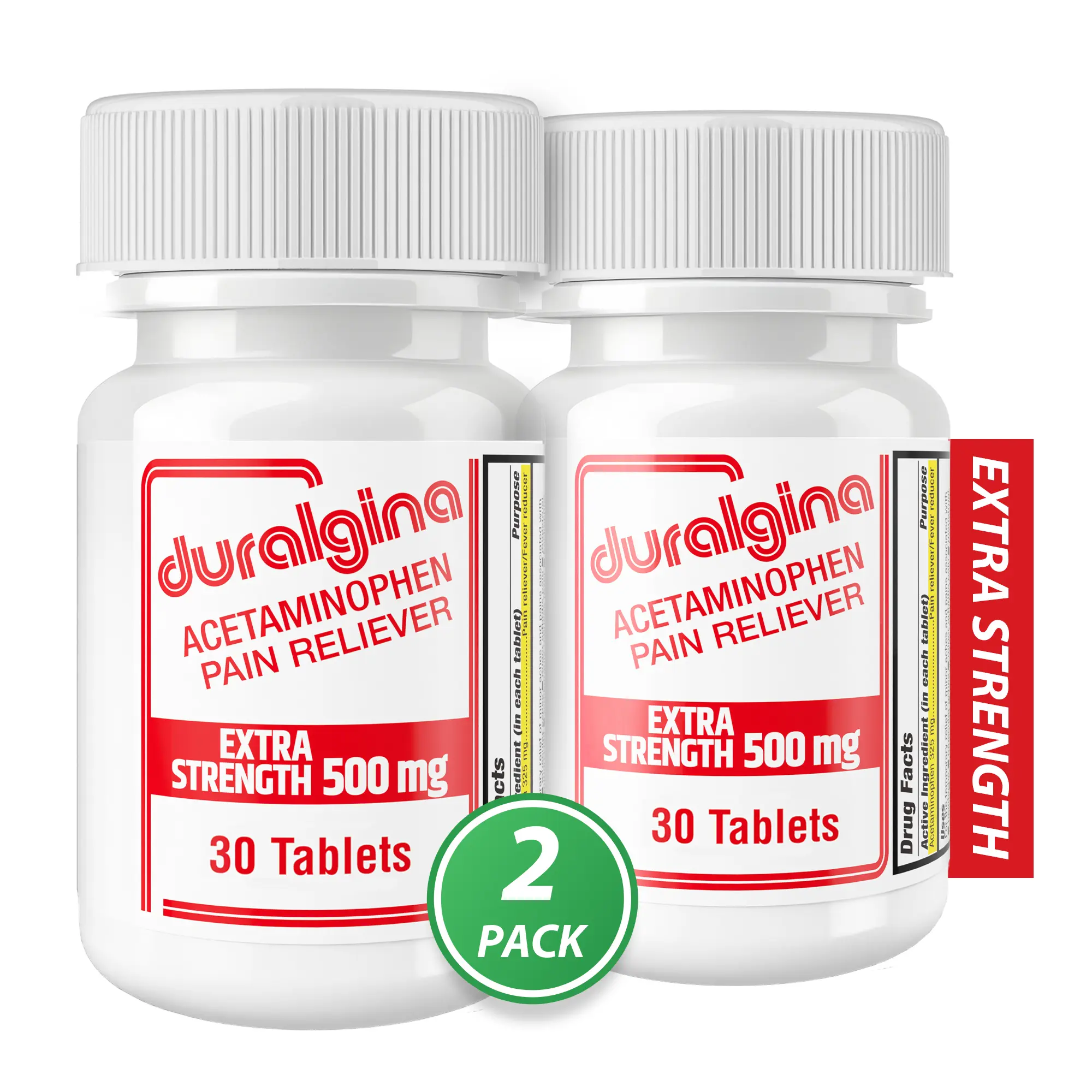 DURALGINA Extra Strength 500 mg Acetaminophen Tablets - Non-Drowsy Pain-Reducing OTC Formula, Fever Reducer, Gentle on Stomach, Cramps & Dental Relief, Safe for Adults & Teens 12+, 30-Count 2-Pack, Cramps Relief Aceaminophen, Dental Pain Relief Aceaminoph