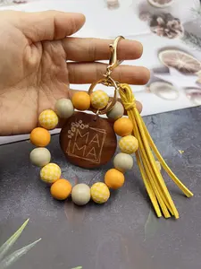 Elegant Wooden Mama Beaded Keychain, Checkered Tassel Wrist Strap, Key Ring Mother's Day Gift, Mom Bag Charm, Keychain For Bags, 1pcs