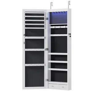 HomeSquad Full-Length Mirror Jewelry Cabinet, Wall or Door Mount, Organizer Armoire with Built-in Makeup Mirror, Lockable Storage with 2 Drawers