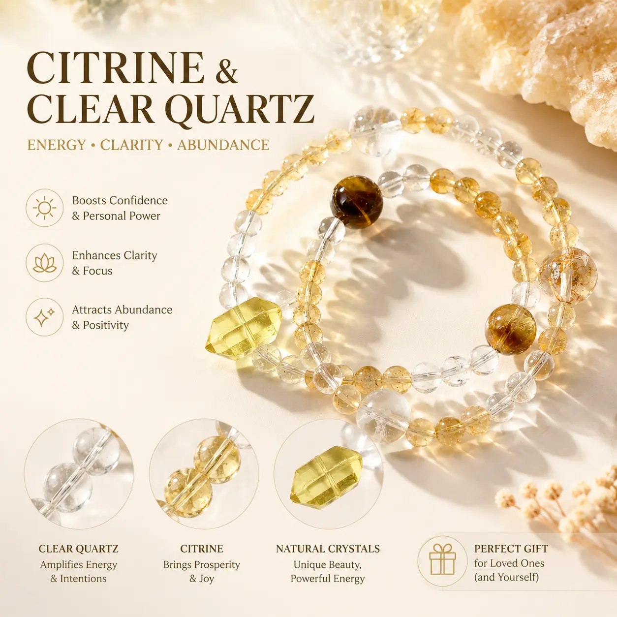 Natural Double Circle Crystal Bracelet made of 6MM White Crystal and Citrine Tower Crystal Beads, Women's Energy Healing Jewelry Gift