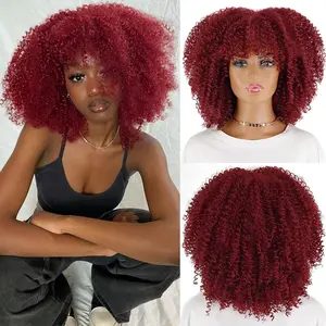 Xinran Red Curly Wigs for Black Women, Short Afro Curly Wigs with Bangs Synthetic Fiber Afro Kinky Wigs Short Curly Wine Red Wig For Daily Use(Wine Red)