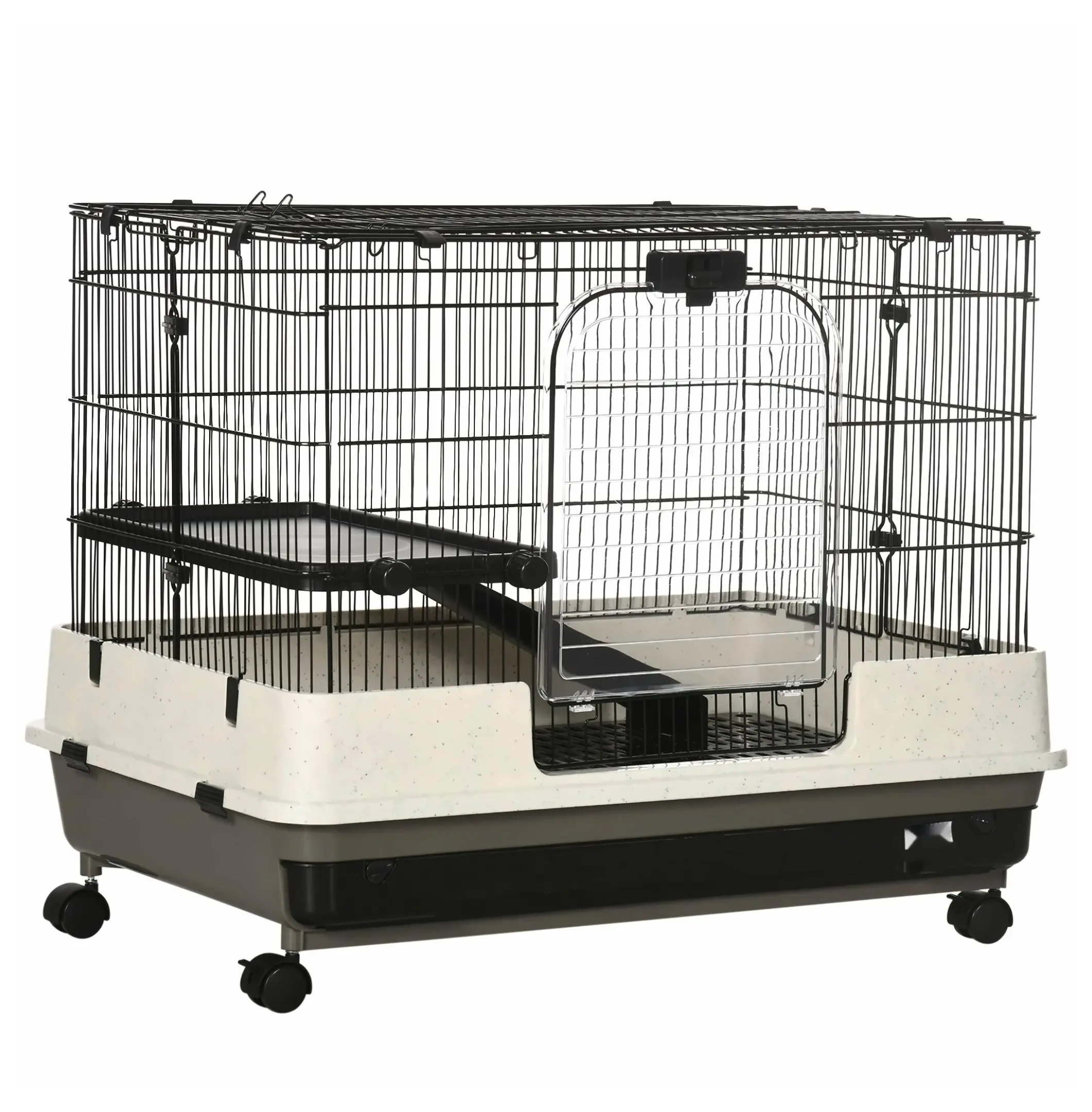 2-Tier Black Steel-Frame Small Animal Hutch for Bunnies, Rolling Rabbit Cage with Removable Tray, Easy Cleaning and Ventilation