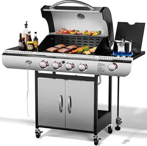 Natural Gas Barbecue Grill, 4 Wheels, 4+1 Burner Cart Style Liquid BBQ Grill, Stainless Steel Enamel Cooking Grill Natural Gas Barbecue Grill, 4 Wheels, 4+1 Burner Cart Style Liquid BBQ Grill, Stainless Steel Enamel Cooking Grill