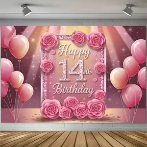 1pc Rose 14th Birthday Backdrop Banner with Balloon Design, Perfect for Birthday Celebrations and Party Supplies, Indoor and Outdoor Decoration