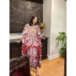 Womens Maxi Kaftan Dress Bohemian Ruby Red Kimono Caftan Resort Dresses M-2X