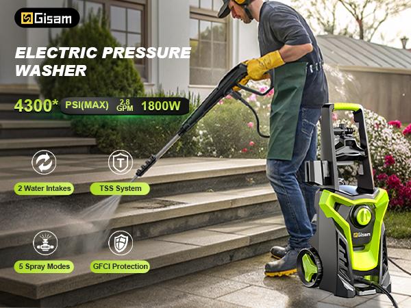 Gisam 4800PSI 1800W Electric High Pressure Washer Car Washer Gun Garden Washing Water Wash Spray Gun 180° Adjustable Nozzle