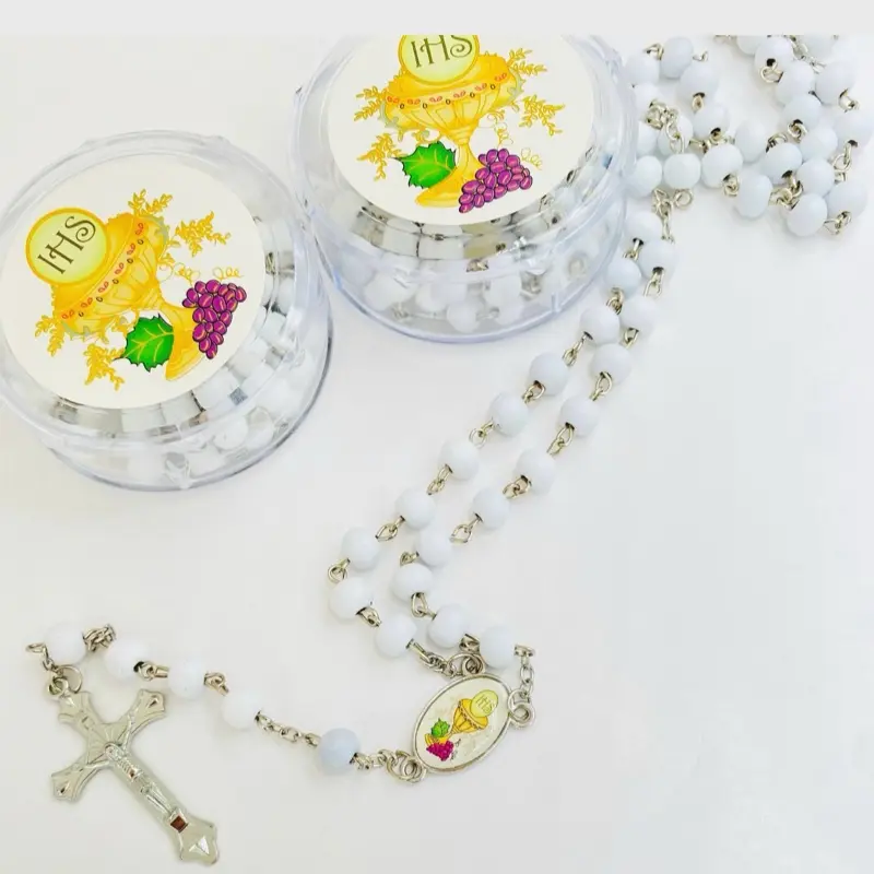 12pcs Full-Size Wooden Caliz Rosaries Religious Faith Necklace, First Communion Favors, Boxed Party Supplies with Free White Gift Bags for Gifting