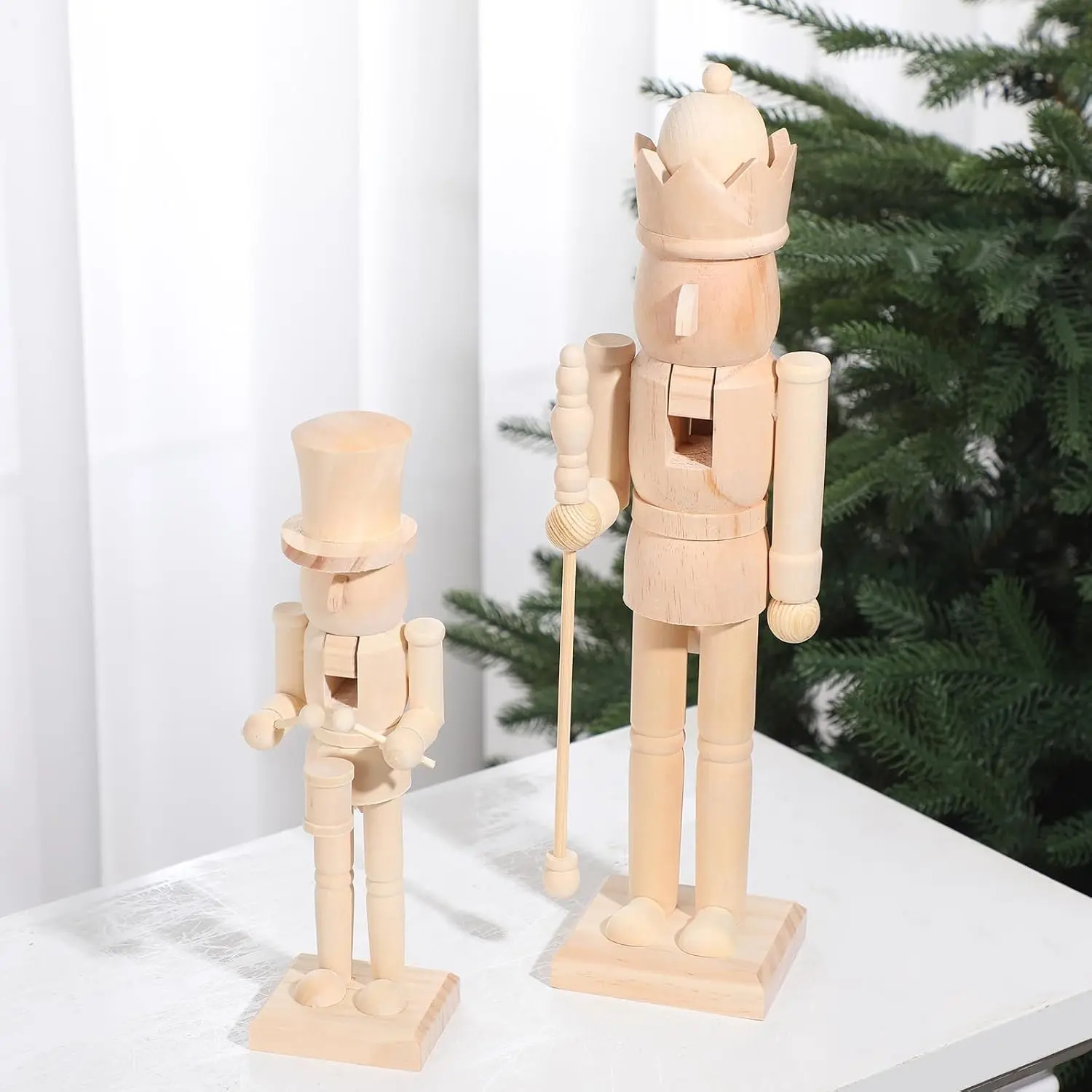 2Pcs Christmas Nutcracker Ornaments,Log Color,Wooden | 10" 15"Neutral Nutcracker Figures, Christmas Ornament Soldier, Festive Collectible Gift, for Table Fireplace Shelf Desktop