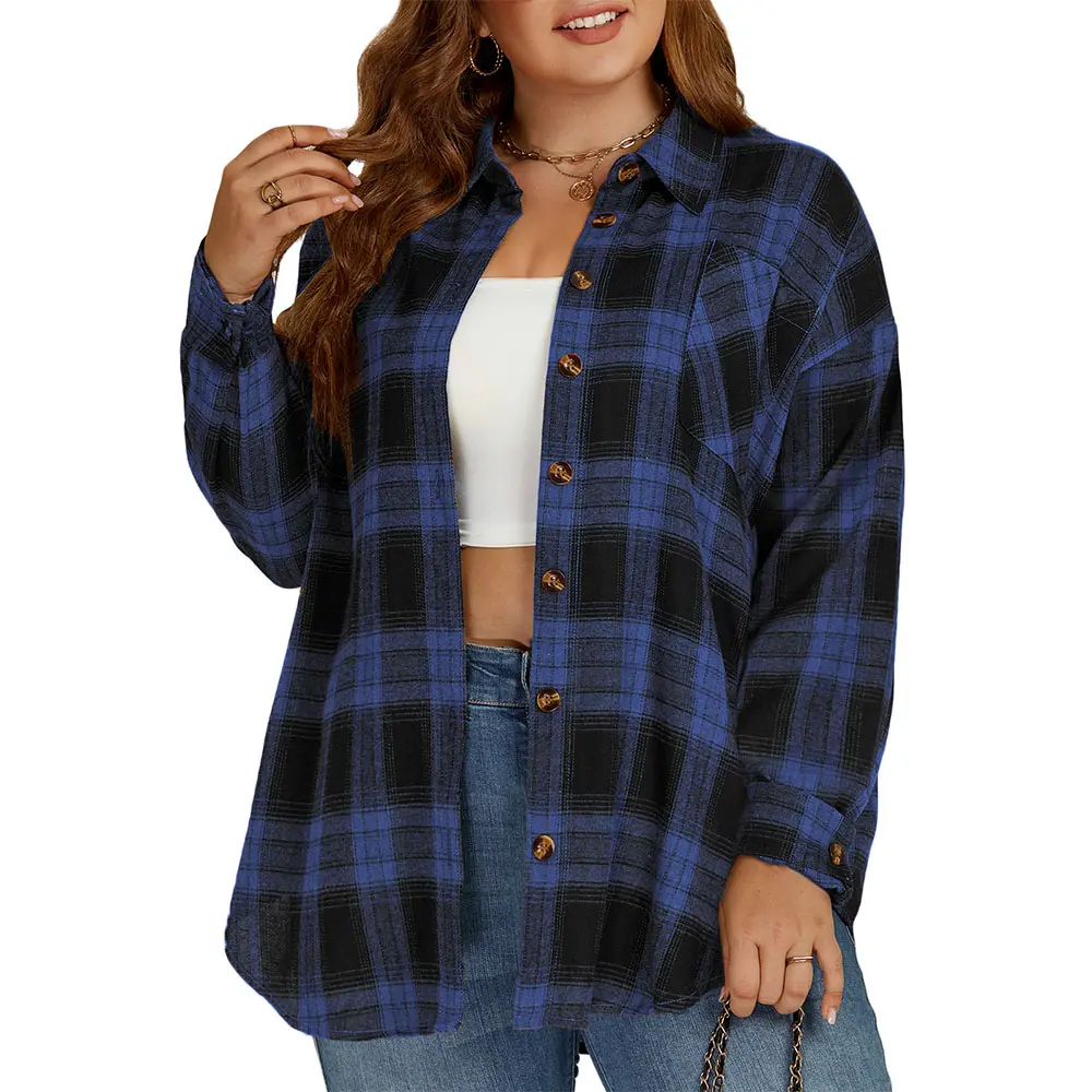 Women's Plus Size Plaid Flannel Shacket, Comfy Loose Fit Button Down Tunic Top with Pocket, Casual Long Sleeve Fall Shirt, Oversized, Cute, Leggings, Baggy, Check, Lady, Style, Drop Shoulder, Collared, Rayon Blend
