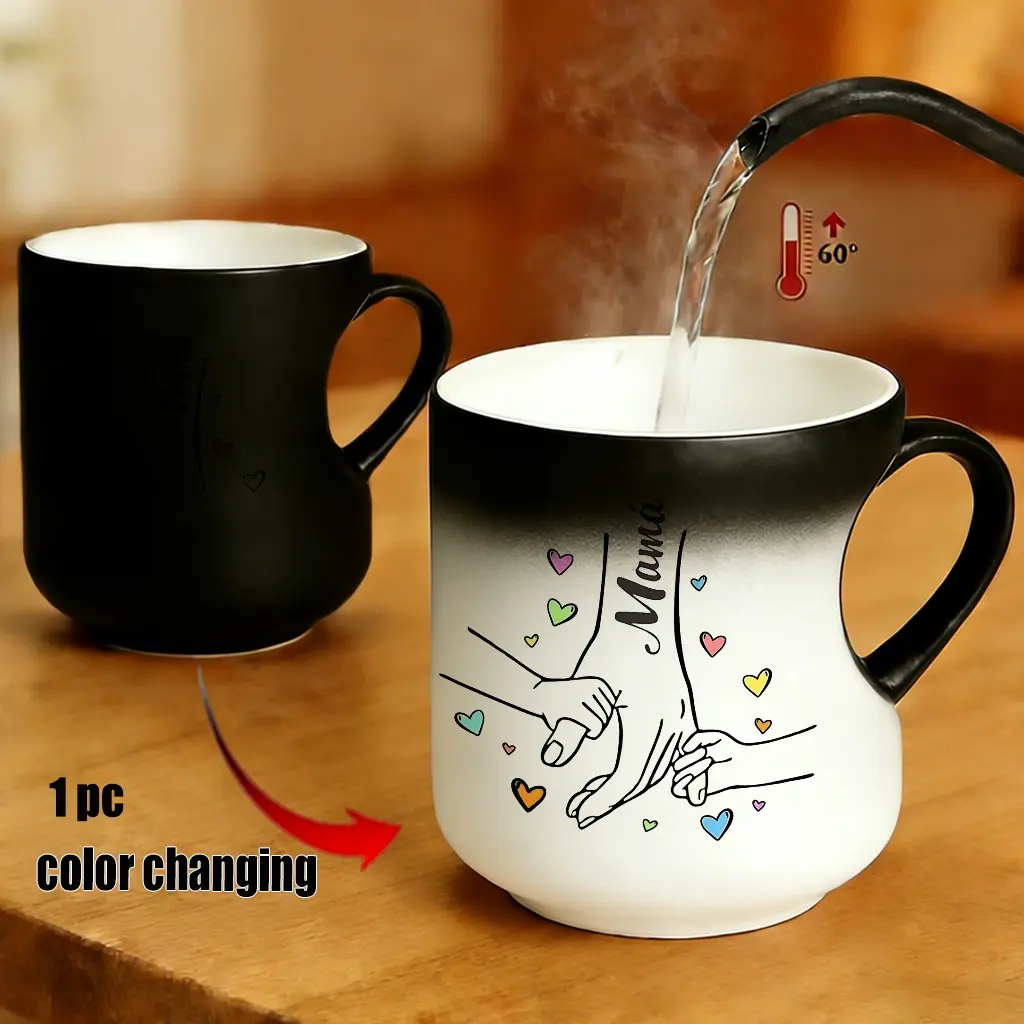 Magic Color-Changing Heart Mug, Thermosensitive Ceramic Coffee Beverage Cup, 330ML Mother's Day Gift, Hands Holding Hearts Design, Perfect for Moms, Funny Ceramic Mug, Ceramic Printed Drinkware, Ceramic Cups