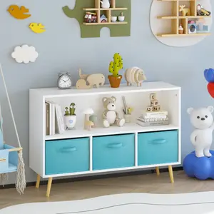" Kids Bookcase + Collapsible Drawers = Game Changer!  Stores toys, displays books—White/Blue vibes so cute! #KidsOrganizer #ToyStorage"