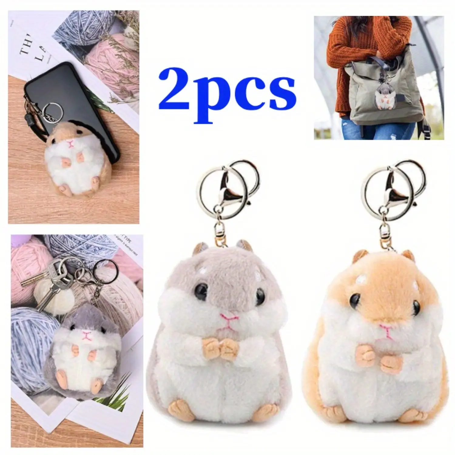 2Pcs Cute Hamster Plush Keychains - Stuffed Animal Keyring Charms, Handbag Pendants, Ornaments with Safe PP Cotton & Zinc Alloy - Eco-Friendly Festive Party Gift