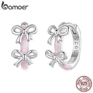 BAMOER 925 Sterling Silver Pink Bow Hoop Earrings Double Bowknot Ear Buckles for Women, Hypoallergenic Sweet Girl Jewelry Gift