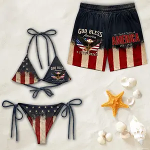 God Bless America Matching Couple Swimwear, Patriotic 1776-2026 American Flag Shirt Bikini Set outfits, 250th Anniversary Gift, Couple Beachwear