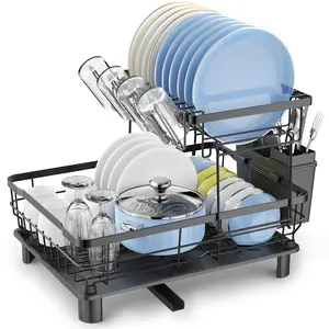 2 Tier Dish Drying Rack with Drainboard Iron Dish Drainers Kitchen Counter Sink with Adjustable Spout Utensil Holder Knife Slots dish dryer rack Rustproof Board Durable Easy assembly perfect size Great value sturdy classy Organiser Mother's Day Gift Black