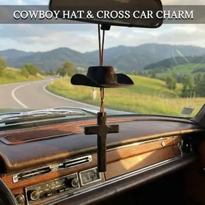 Western Cowboy Hat Cross Car Hanging Ornament – Christian Rearview Mirror Decor, Rustic Car Interior Accessory for Men & Women