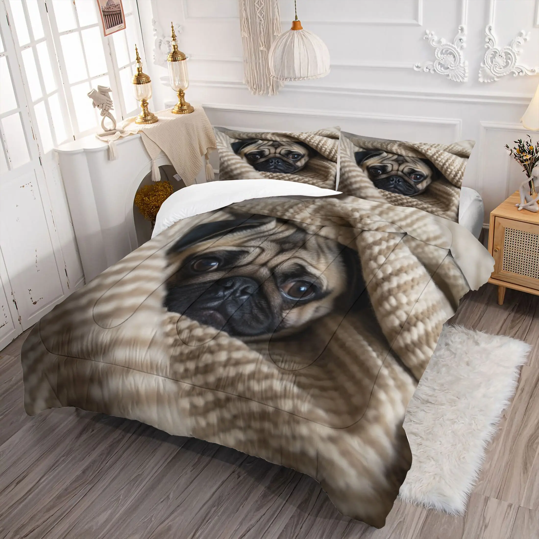 2/3pcs Cute 3D Pug Dog Print Comforter Set,Pug Print Bedding Set Full Size, Domestic Pet Quilted Duvet, Soft Microfiber Bedding Set with Pillowcase for Kids Boys Girls & Dog Lovers, Bedsheet Sets