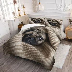 2/3pcs Cute 3D Pug Dog Print Comforter Set,Pug Print Bedding Set Full Size, Domestic Pet Quilted Duvet, Soft Microfiber Bedding Set with Pillowcase for Kids Boys Girls & Dog Lovers, Bedsheet Sets