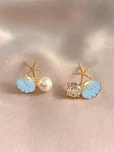 Faux Pearl Decor Shell & Starfish Design Stud Earrings, Elegant Stud Earrings for Women & Girls, Trendy All-match & Exquisite Jewelry for Birthday Gift, Ear Studs