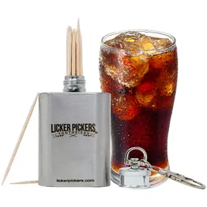 Licker Pickers Toothpicks Bourbon Coke Flavored All White Birchwood Toothpicks-25 Liquor-Infused Picks with Bonus 2oz stainless steel Flask