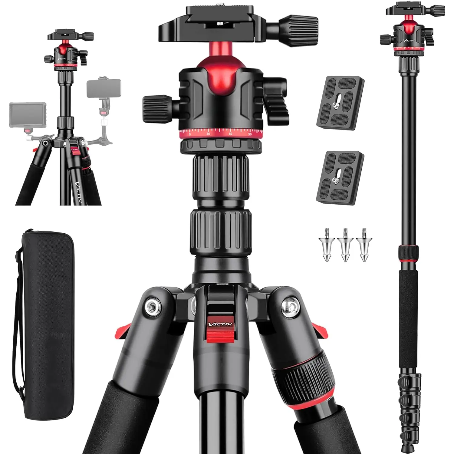 78" Aluminum Camera Tripods & Monopods,  Compact Travel Tripod for Camera DSLR, Spotting Scope,Telescope, Binoculars, Porfessional Heavy Duty Camera Tripod Stand for Photography Video Recording