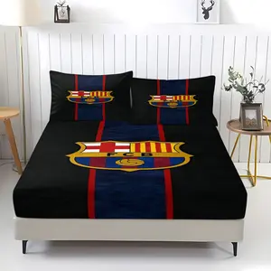 Barcelona Football Club printed bed sheet with pattern, including 1 bed sheet and 2 pillowcases, anti slip dust cover suitable for bedrooms and guest rooms, suitable for personal use or gift giving