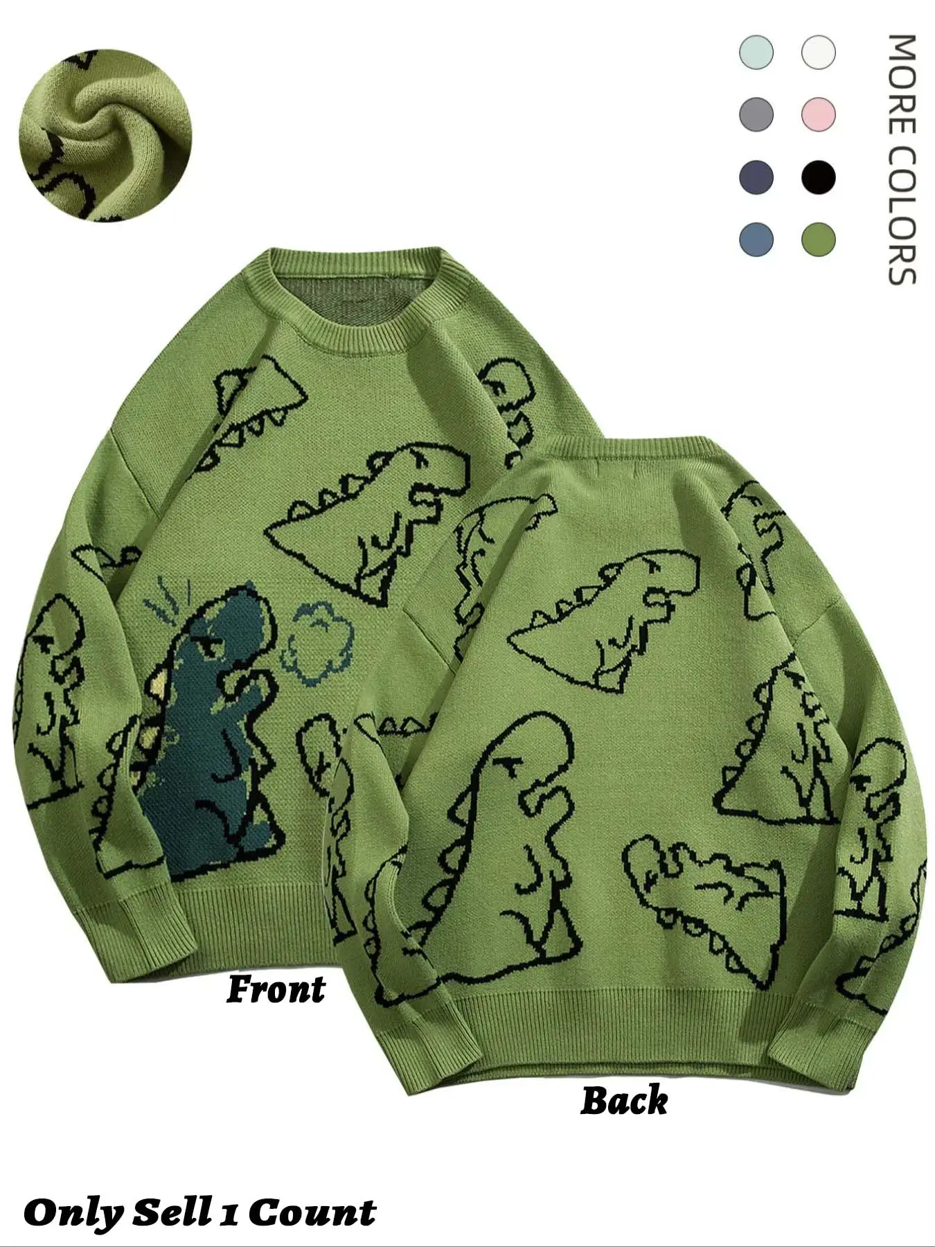 Men's New Trendy Classic Round Neck Long Sleeve Dinosaur Sweater, 1 Count Lounge Loose Crew Neck Jumper for Fall & Winter, Casual Men's Knit Clothing for Daily Wear, Knitwear