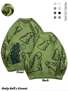 Men's New Trendy Round Neck Long Sleeve Dinosaur Sweater, Lounge Loose Crew Neck Jumper for Fall & Winter, Casual Men's Knit Clothing for Daily Wear
