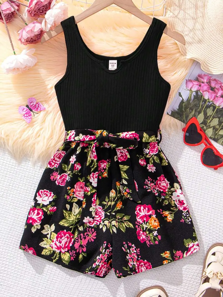 Tween Girl Knitted Solid Color Crop Top With V-Neckline & Floral Print Casual Romper