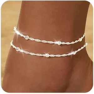 Gold Silver Ankle Bracelets for Women Waterproof 14K Gold Plated Anklets for Women Non Tarnish Dainty Layered Beaded Heart Anklet Set Summer Beach Foot Chain Jewelry Gifts Trendy Stuff