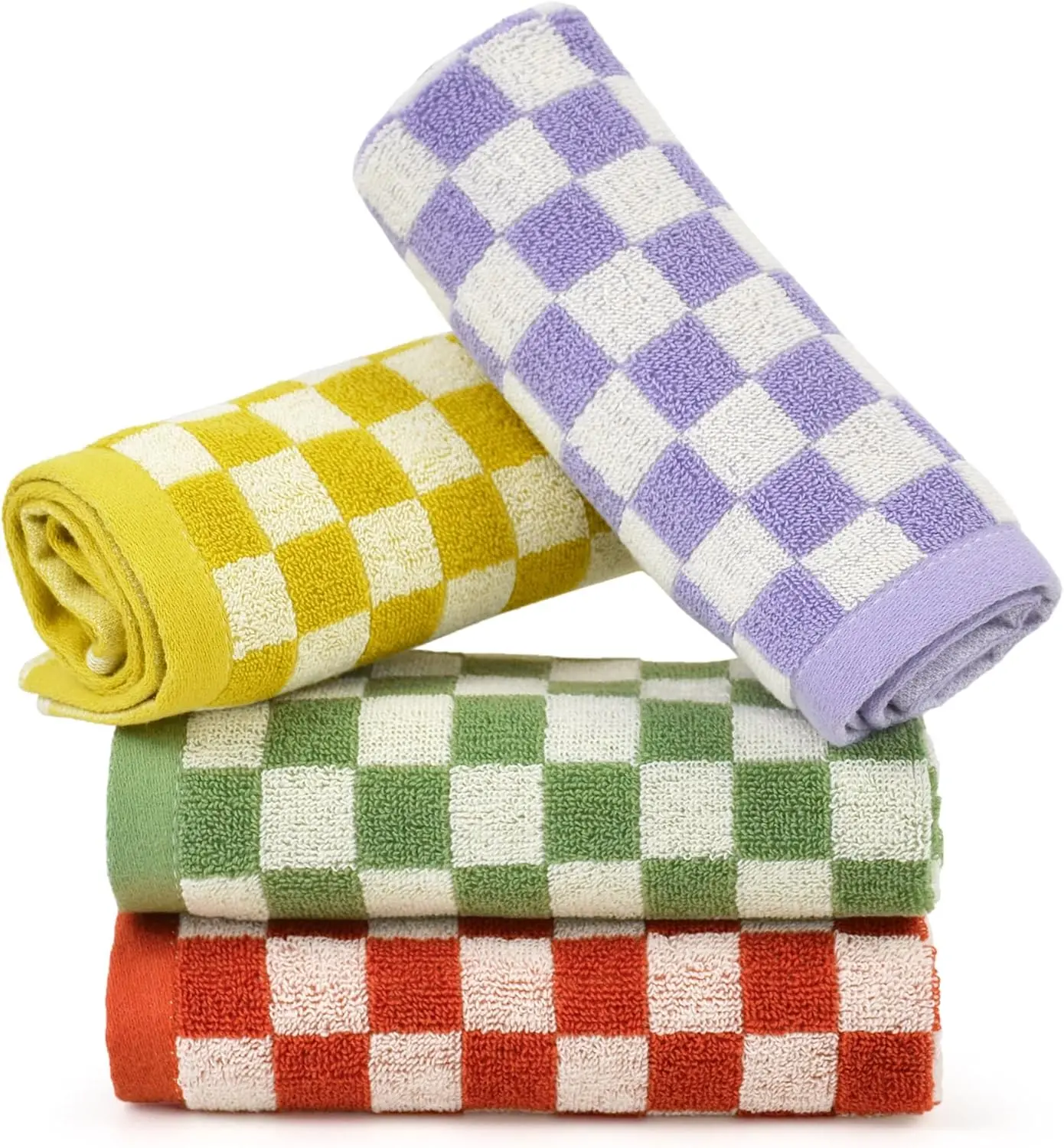 Unisex 4-Pcs Fluffy Lightweight Cotton Plaid Washcloths Set - 13x13in Quick-Drying Cleaning Towels, Multipurpose Towels for Dorm, Bathroom, Personal Cleansing, Home Improvement Use