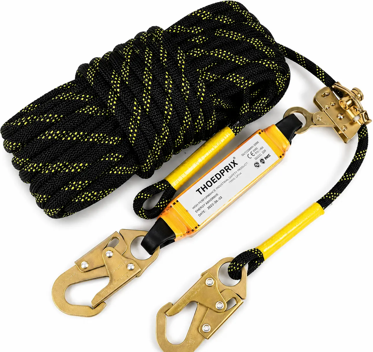 50FT Rope Harness Safety Lanyard Fall Protection Vertical Roofing Rope with Grab Snap Hooks Shock Absorber Safety Ropes Tree Climbing Line Kit Heavy Duty Roof Safety Equipment