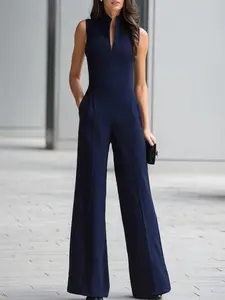 Elegant Chic Sleeveless Stand Collar Wide Leg Womenswear Romper, V-Neck Split Design, Zip Back, Side Pockets, Perfect for Formal Office, Business, Parties
