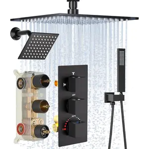 Thermostatic Shower System Matte Black Push Button Shower Faucet Set,12" Ceiling Rainfall and 6" Wall Mount Rain Shower with 2 in 1 Handhled, Can Use All at Once, Shower Set with Valve and Trim Kit