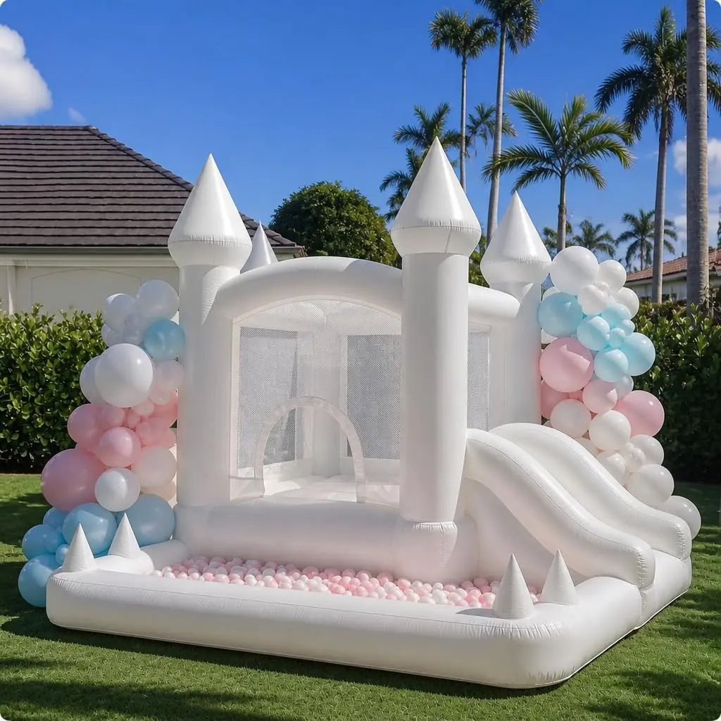 White Inflatable Bounce House with Blower, Extra Thick Sewn Bouncy Castle, Kids Jumping Toy for Indoor Outdoor Play