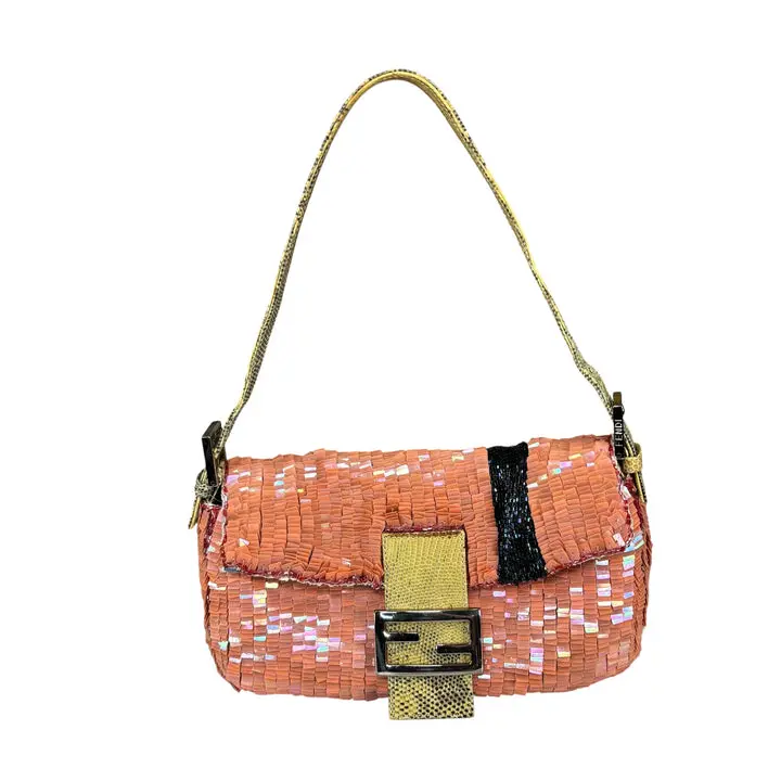 Pre-owned FENDI Sequin / Leather Shoulder Bags Y2K Baguette Coral Two Tone Sequin Shoulder Purse