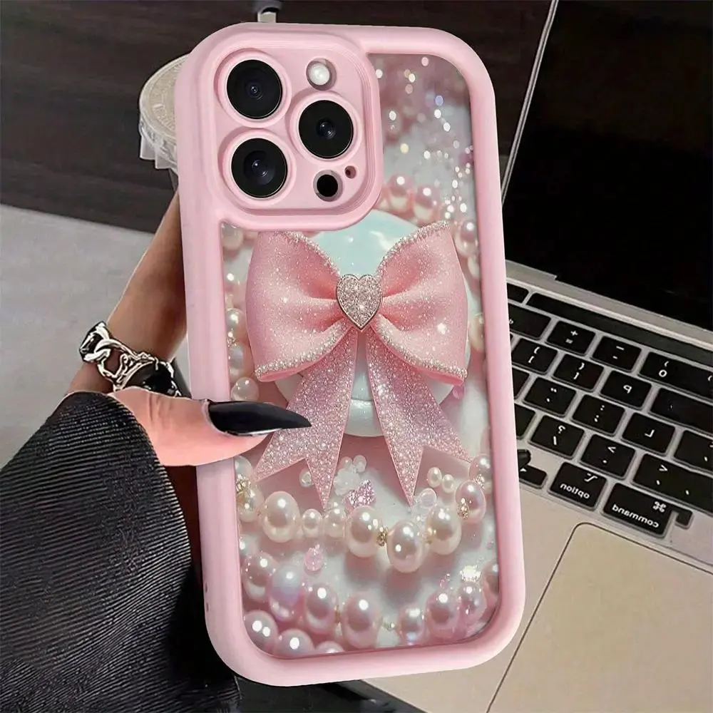 Cute Pink Bow Pearl iPhone Case for iPhone 17 16 15 14 13 12 11 XR XS X XSMAX mini 16e Plus Pro Pro Max Air Shockproof Anti Drop Slim Protective Soft TPU Cover Gift for Girls Women