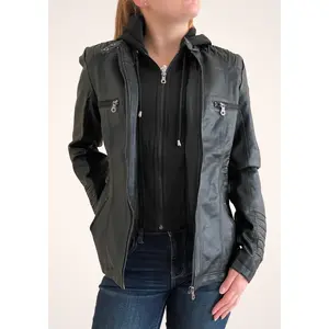 Women's Black Leather Jacket with Removable Hood