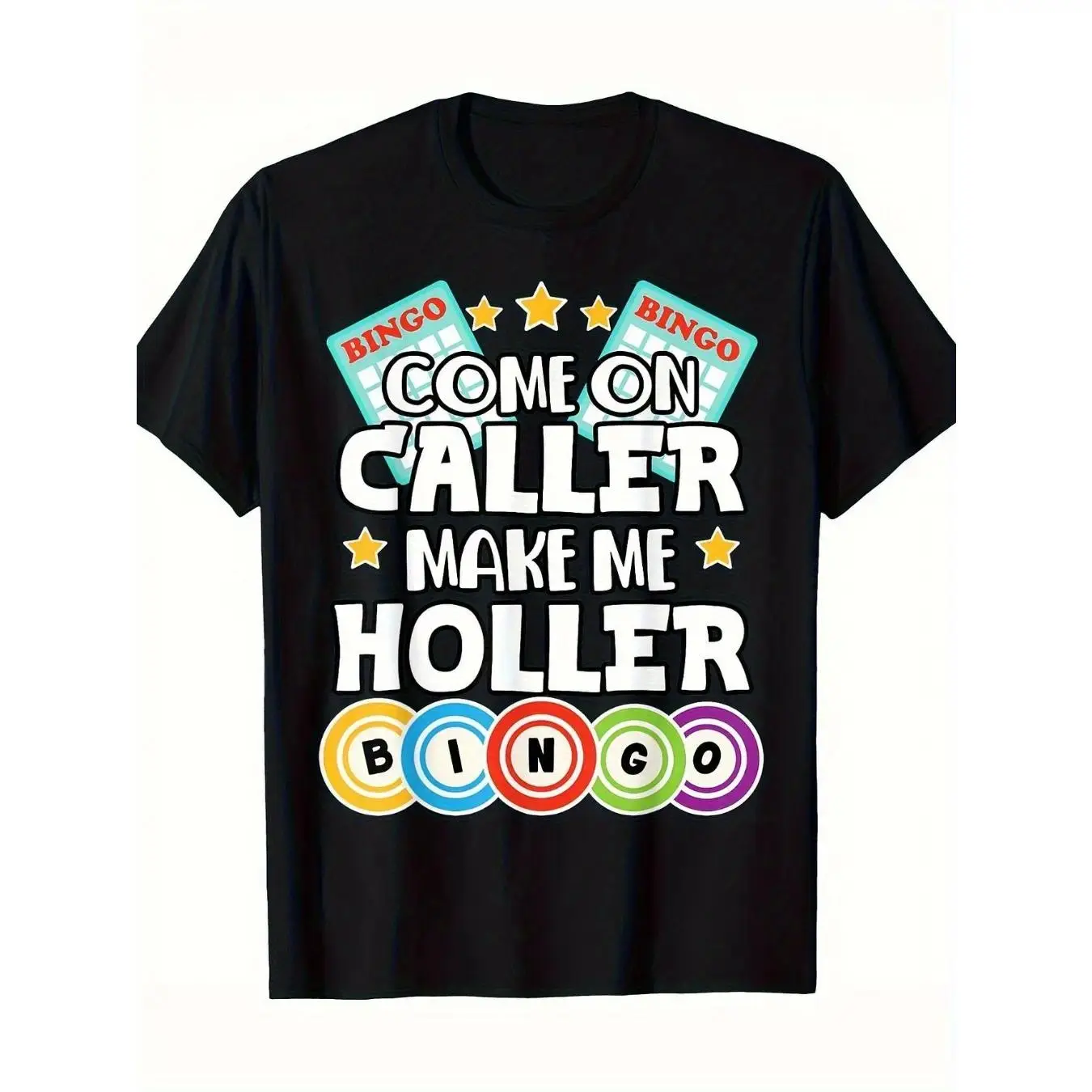 Men's Classic Cotton Short-Sleeve T-Shirt - Come On Caller Make Me Holler Graphic, Colorful Balls & Stars, Comfortable Fabric, Reinforced Hem, Unisex Casual Gift For Players (S-XXXL, Black)