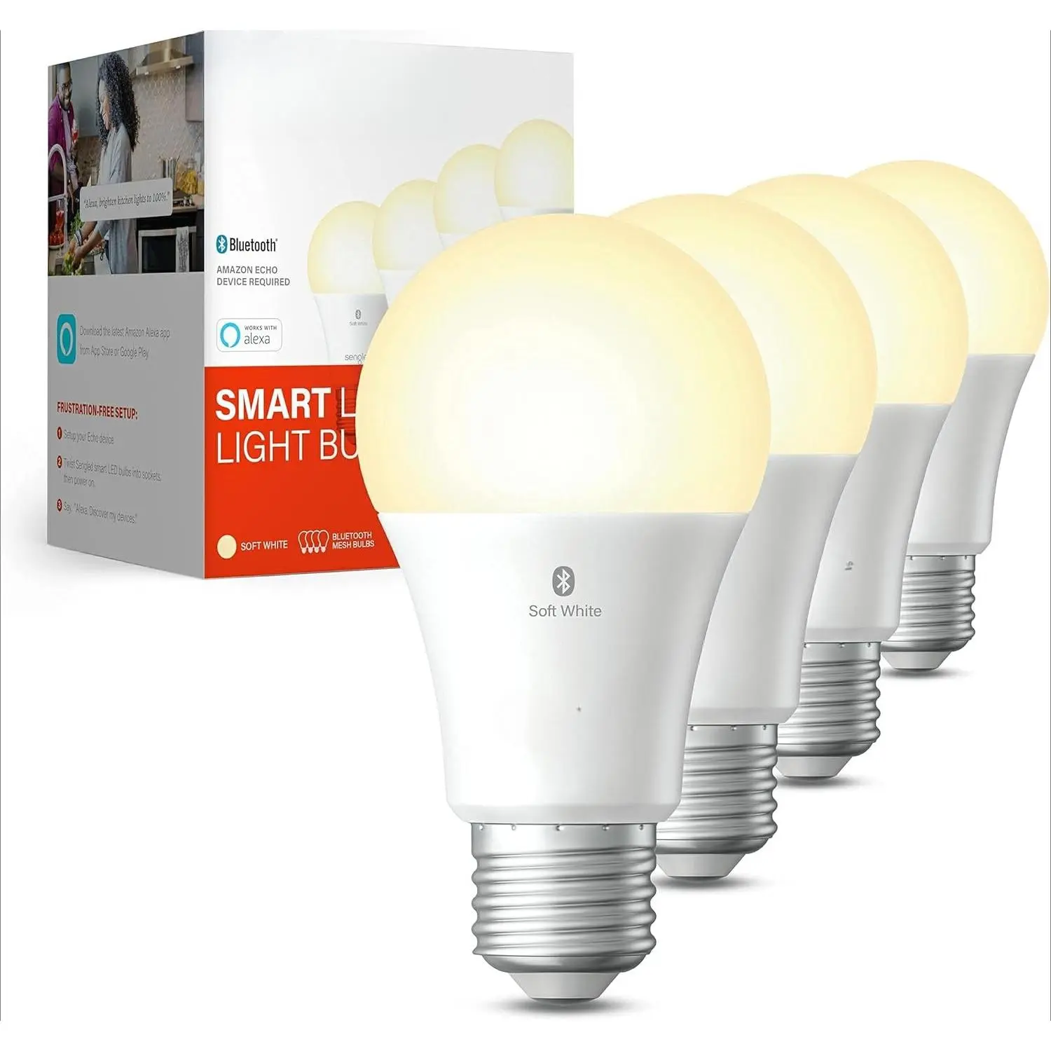 Alexa Light Bulb, Bluetooth Mesh Smart Light Bulbs, Smart Bulbs That Work with Alexa Only, Dimmable LED Bulb E26 A19, 60W Equivalent Soft White 800LM, Certified for Humans Device, 4 Pack