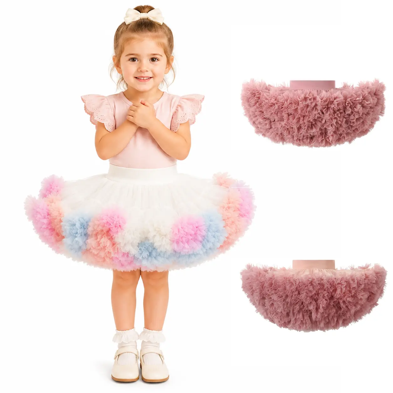 1 × Girls Fluffy Tutu Short Skirt - Toddler Baby Elastic Band Lightweight Full Circle Tulle Dance Skirt, Ice Cream Pastel Rainbow/Dusty Rose/Gradient Pink, Birthday Party Dress Up Outfit