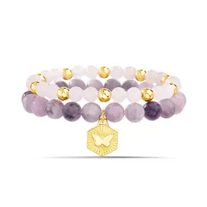 Lepidolite and Rose Quartz Butterfly Charm Bracelet Set