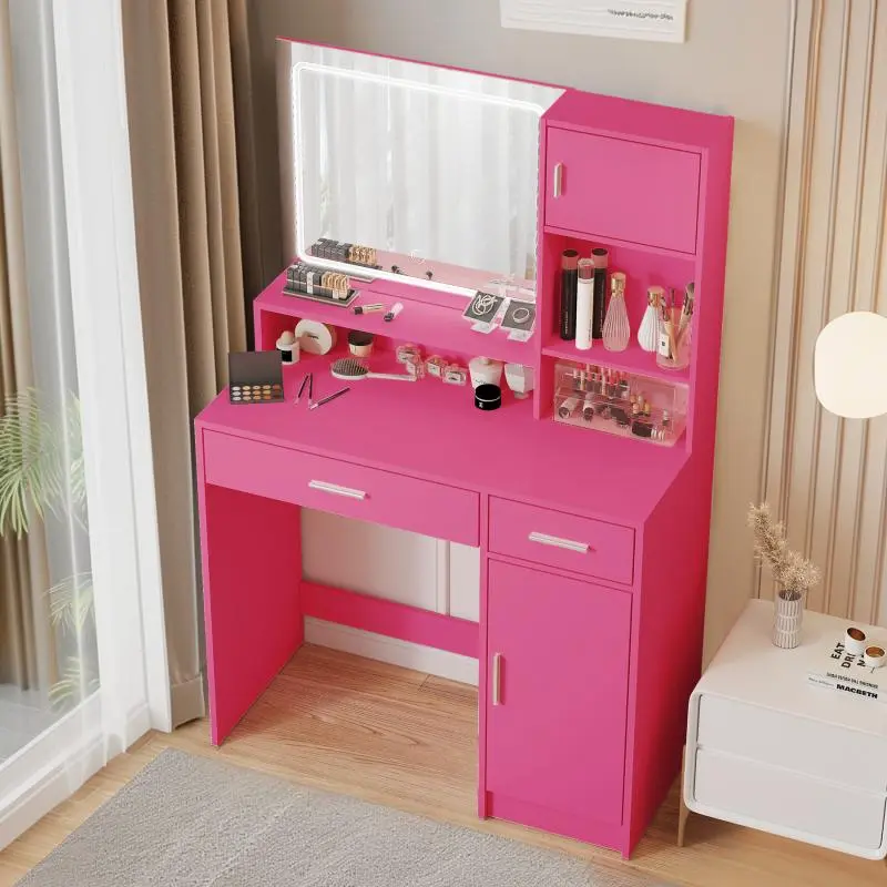 Bellemave Sturdy Blush Pink Modern Makeup Vanity Desk - Indoor Furniture with LED Lights, 3 Lighting Modes, Adjustable Brightness, Mirror, Large Drawer, 3-Level Storage, Vanity Organization