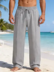 Unisex Linen Blend Casual Pants, Drawstring Waist, Textured Fabric, Loose Fit, Beach Vacation & Daily Wear, Comfortable Long Pants